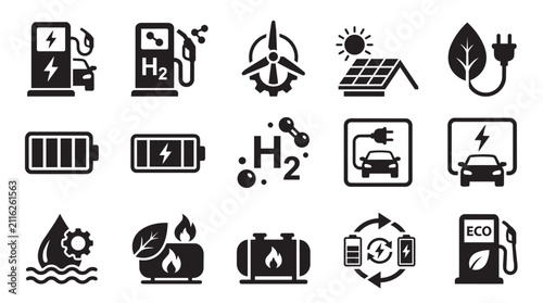 Hydrogen energy innovation icons set for green technology. Sustainable power symbols collection with renewable fuel and eco-friendly solutions.