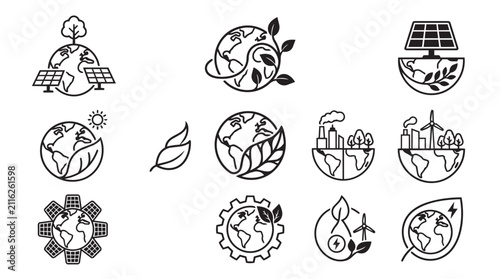 Eco friendly earth icons set. Sustainable energy and green environment vector symbols.
