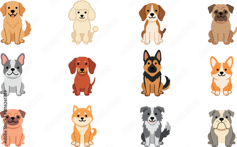 Obraz premium Cute dog breeds set with various domestic puppies, vector illustration