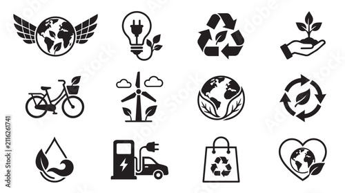 Global sustainability icons set for eco-friendly business campaigns. Vector infographic elements showcasing green energy, recycling, and conservati...