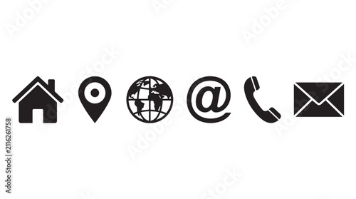 Communication and global connectivity icons set. Vector symbols for email, location, phone, and home networking.