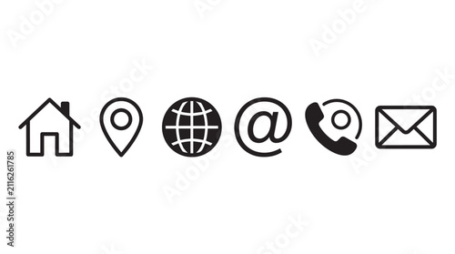 Modern communication and technology icons set. Vector symbols for home, location, globe, email, and phone connectivity.