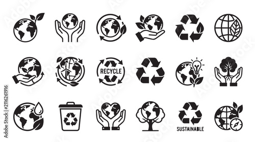 Hand-drawn eco-friendly icons for sustainable business branding. Vector set of recycling, earth, and green energy symbols for corporate design.