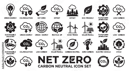 Net zero carbon neutral icons. Sustainable energy and eco friendly environment symbols.