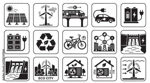 Collection of urban transportation and city life icons. Flat design vector symbols for public transit, travel, and infrastructure concepts.