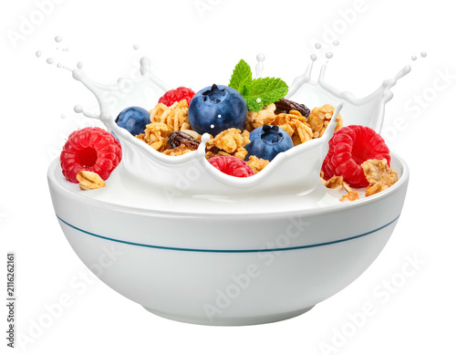 Fresh Muesli and Berries Splashing in Milk within a White Ceramic Bowl