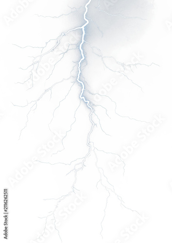 Electric blue lightning bolt illuminates dark storm clouds against a black backdrop