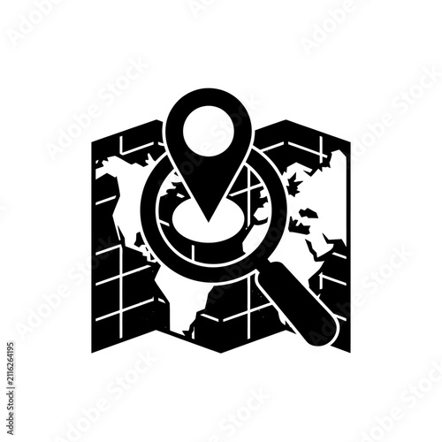 World map search icon with magnifying glass and location pin for global finding.