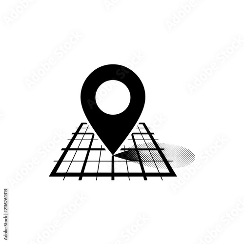 Map pin on grid showing location marker and shadow vector graphic.