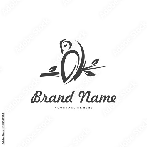 Silhouette Line Art Barn Owl Perched on a Tree Branch Logo Design Vector Illustration
