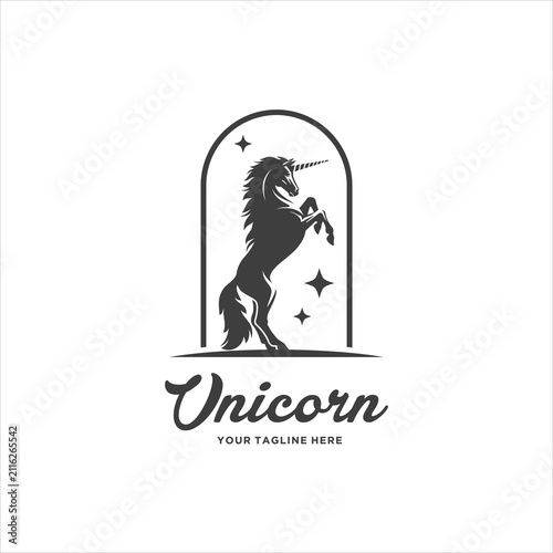 Standing Great Myth Unicorn Single Horned Horse Logo Design Vector Illustration