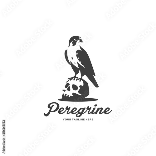 Peregrine Falcon Hawk Predator Bird Perched on Top of Skull Logo Design Illustration