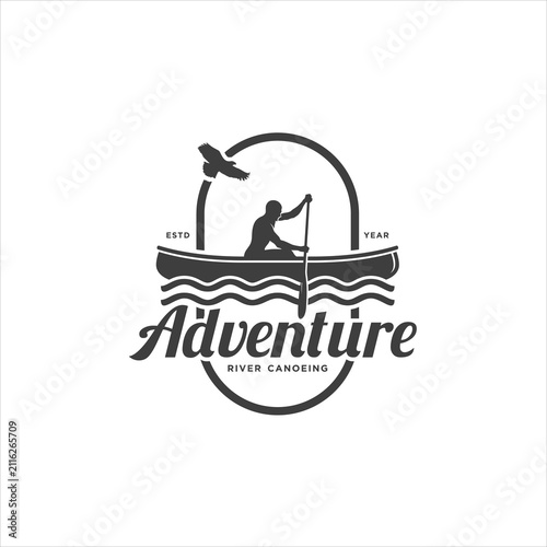 Silhouette of a Man Paddling in a Canoe Logo Design Suitable for a Lake or River Canoeing and Fishing Adventure