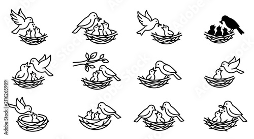Foto Bird Family Nesting: Parent Feeding Chicks, Cute Line Art Illustration