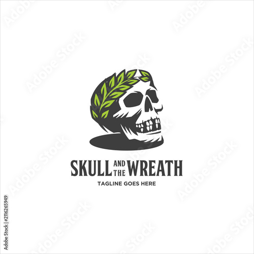 Skull Wearing a Crown of Leaves or Laurel Wreath Logo Design Illustration