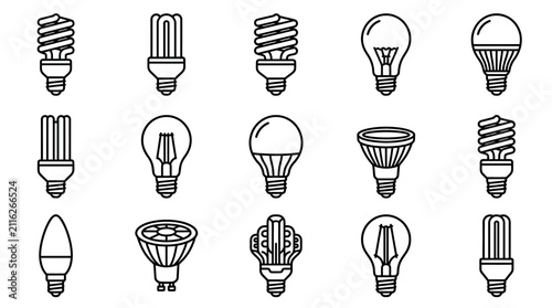 Foto Various Light Bulb Types Collection Icon Set - Energy Saving, LED, Incandescent