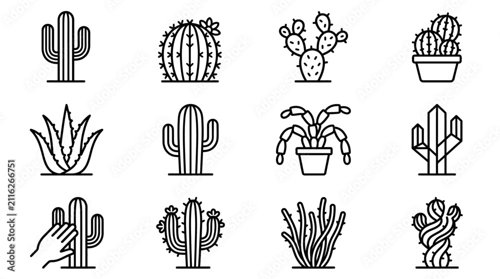 Obraz premium Collection of cactus and succulent plant icons, line art, set of desert flora
