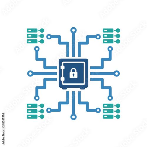 A digital illustration of a secure data storage network system