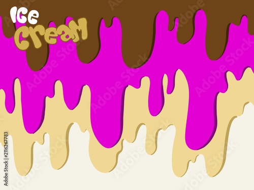 Colorful ice cream themed illustration with dripping brown, pink, and beige layers, playful “Ice Cream” text in white and yellow, evoking melting dessert design.