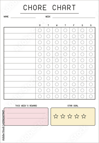 Kids chore chart page template. Printable reward chart with chore rows and seven day sticker circles plus a prize box. Blank children daily routine and responsibility schedule for the family