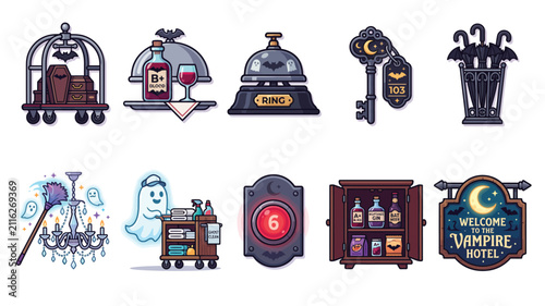 Vampire Hotel Service and Haunted Hospitality Vector Icon Collection