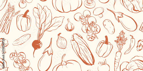Seamless vegetable pattern with hand drawn autumn harvest produce. Vector linear line art background of pumpkin, tomato, carrot, beet, pepper, and eggplant. Seamless border for kitchen