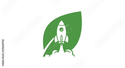 Bild auf Leinwand Green leaf with white rocket ship.