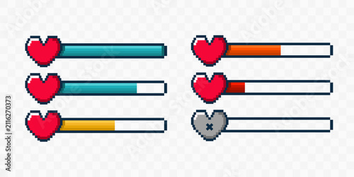 Pixel art game health bar set with hearts. Retro 8 bit video game UI elements with life indicator status