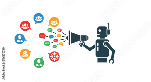 Konstfotografi Robot Holding Megaphone With Speech Bubbles.