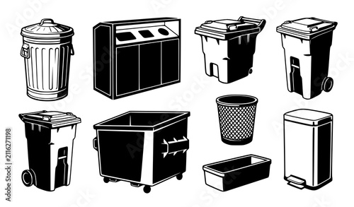 Fotografía Different Trash Cans Garbage Containers and Recycling Bins Black White Vector Co