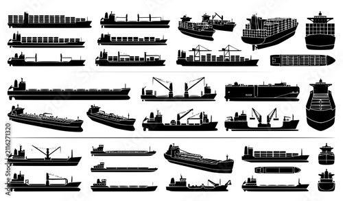 Quadro su tela Commercial Shipping Cargo Vessel Silhouette Collection with Container and Freigh