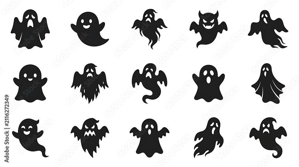 Obraz premium Variety of spooky ghost silhouettes for halloween themed design projects