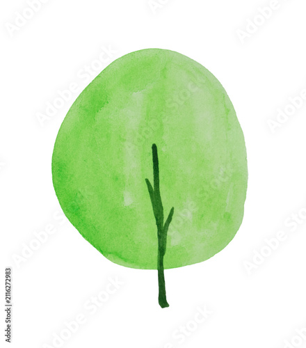 Hand-painted watercolor green tree with an oval-shaped crown, isolated on a transparent background. Minimal botanical illustration ideal for nature, planners, stickers