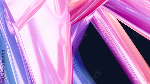 Smooth, reflective, iridescent surfaces twist together in abstract form.