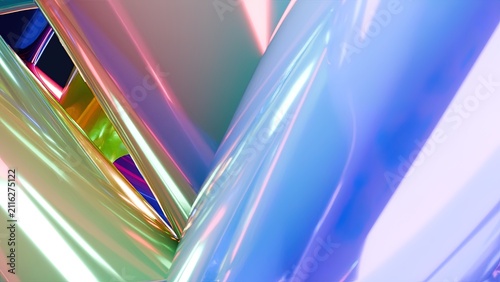 Iridescent curved surfaces reflect light with vibrant colors.