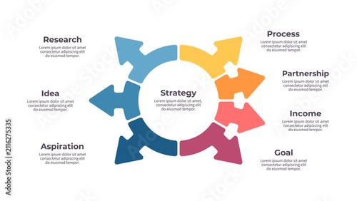 Business infographic template. Arrow chart with seven options, steps. Vector chart.