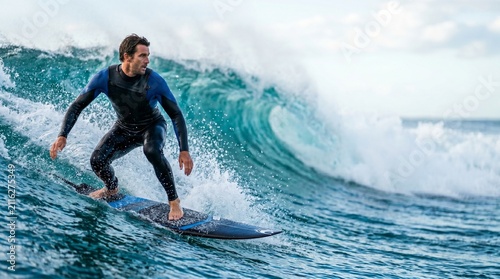 Determined male surfer in a black wetsuit riding a dramatic cresting ocean wave