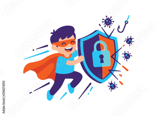 Cartoon Little Superhero Boy Defending Digital Data with Security Shield Against Malware and Cyber Threats