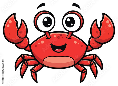 A happy red crab cartoon character with big eyes waving its claws isolated on a white background