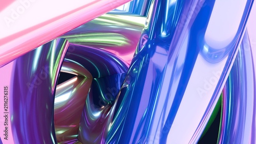 Shiny iridescent metallic tubes twist and swirl together.