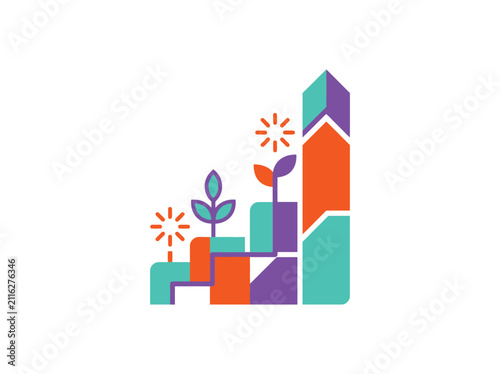 Abstract graphic depicting continuous business growth, progress, and development strategy towards success and achievement, symbolizing upward trend and market expansion