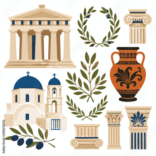 Foto Greece Travel Landmarks and Ancient Architecture Flat Vector Illustration