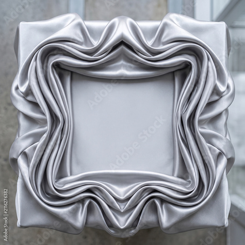 Silver Satin Square Frame with Symmetrical Wavy Drapes and Empty Center Copy Space