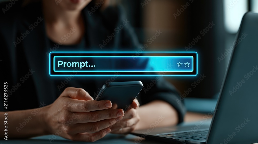 Fototapeta premium Person Using Smartphone with Digital Prompt Interface Overlay.