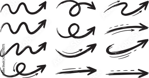 Hand-Drawn Wavy Loop Arrow Icons, Sketch Doodle Marker Arrow Vector Set
