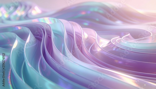 Flowing iridescent ribbon-like layers shimmering in studio, showing specular highlights, thin seams
