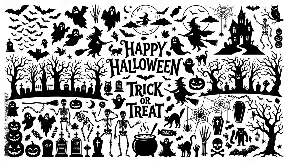 Fototapeta premium Halloween silhouette icon set with trick or treat text and spooky elements