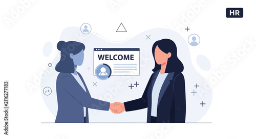 Two businesswomen shaking hands, welcoming new employee with HR confirmation and 'Welcome' message on screen.