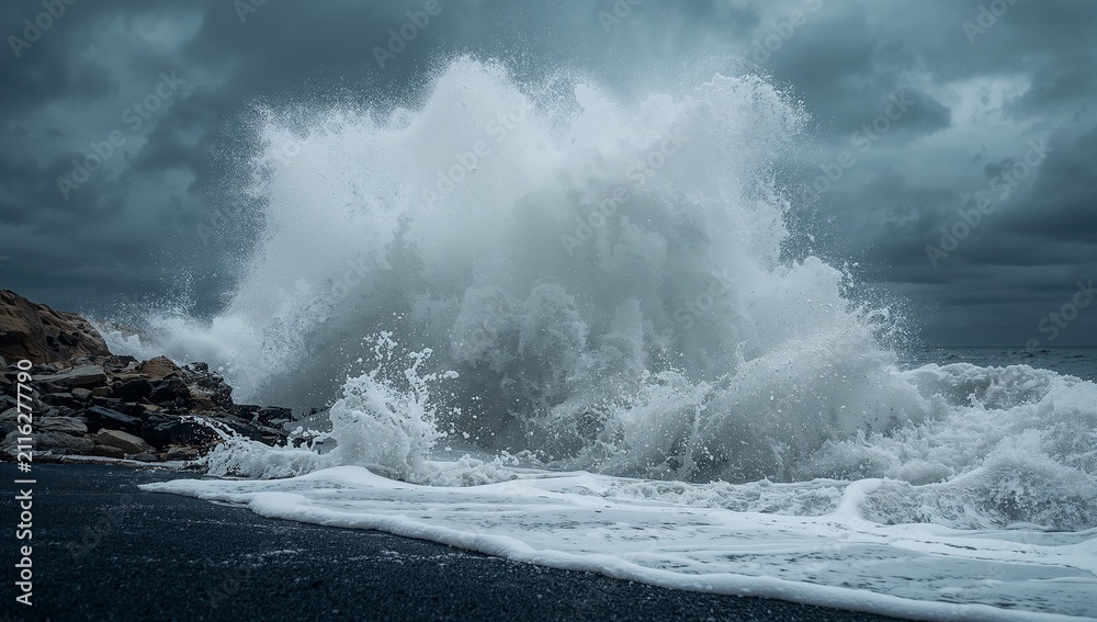 Obraz premium Crashing towering ocean wave throwing spray and foam onto dark rocky shore at coast, stormy sky