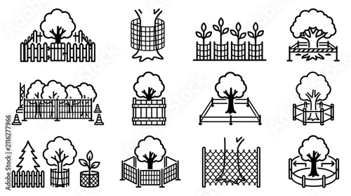 Fotografía Tree Protection Icons: Fences, Cages, Guards, and Barriers for Young Saplings